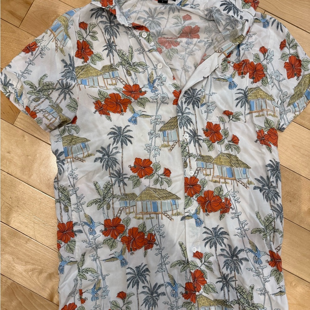 Barney Cools Floral Hut Print Shirt - Red, Green, Blue on White